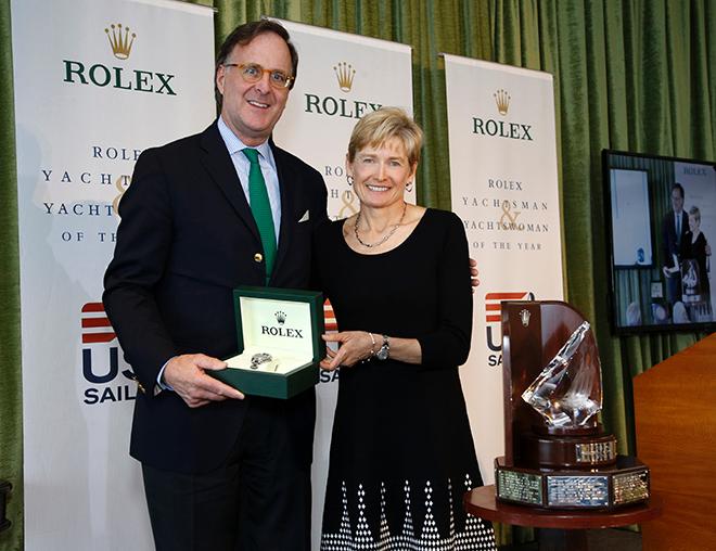 From left, Peter Nicholson, Rolex Watch U.S.A’s Senior Advisor, Communications, and Rolex Yachtswoman of the Year Jody Starck ©  Rolex/Tom O'Neal